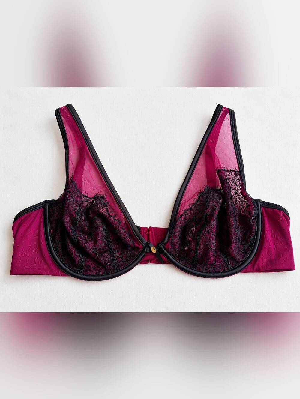 Cacique 42D Sheer Lace Underwire Bra in Berry with Black Trim